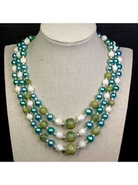 Vintage Triple Strand Necklace Multicolor Lucite Beads JAPAN